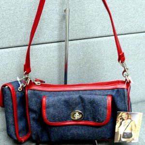 St. John's Bay Denim Red leather Trim Hand Bag NWT